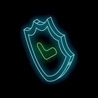 Neon shield providing security and showing check mark symbol on black background vector