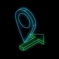 Glowing neon location pin with arrow pointing forward on black background vector