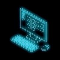 Futuristic neon computer displaying files and folders with keyboard and mouse vector
