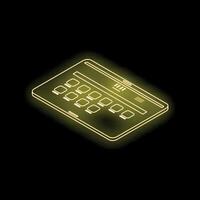 Neon tablet showing a website interface in dark background vector