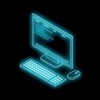 Glowing desktop pc showing hello world program in different languages vector