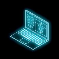 Futuristic neon blue laptop showing user interface on dark background vector