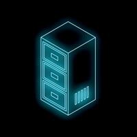 Glowing blue neon filing cabinet on black background representing storing files vector