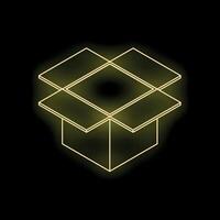 Open cardboard box glowing with neon light on black background vector