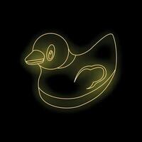 Glowing neon yellow rubber duck floating on black background vector