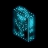 Glowing neon diaper box with handle on black background vector