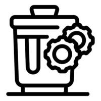 Trash can processing files with gears rotating, data management concept vector