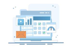 Concept of project management software that handles multiple business tasks, Company manages projects with project management system, Flat design illustration with icons. vector