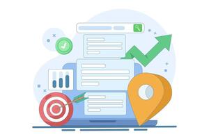 Online information search concept. Search engine on smart device screen with local pin location icon and target. SEO Optimization Marketing Strategy. Flat illustration on background. vector