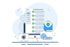 Web UI Interface. Data analysis, SEO Optimization dashboard and business financial report. PC or website SEO investment screen. Technology Analysis KPI Data Dashboard. Flat Illustration. vector