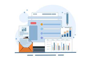 Online digital mail media content. Email service network website feedback. Information about events, activities, company information and announcements. Email message correspondence. vector
