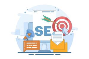 SEO Search Engine Optimization Concept. Conceptual SEO analysis and optimization, SEO strategy and marketing illustration for website. Modern flat design template. vector