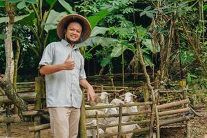 Happy Asian farmer showing thumb up approval gesture with livestock goats for sacrifices behind. Eid Al Adha concept. photo