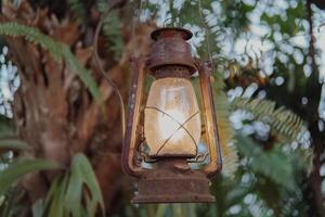 An oil lamp lantern hanging from a tree with a light inside. The lantern is old and rusted. photo