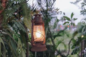 An oil lamp lantern hanging from a tree with a light inside. The lantern is old and rusted. photo