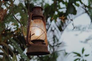 An oil lamp lantern hanging from a tree with a light inside. The lantern is old and rusted. photo