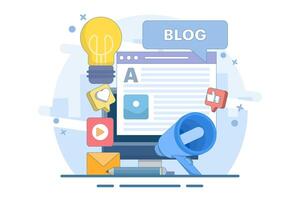 Concept Blogging, education, creative writing, content management, article writing, news, copywriting, seminar, tutorial, workshop. Flat illustration design for mobile and web graphics. vector