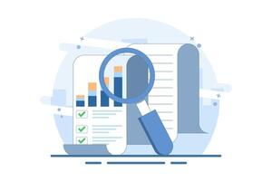 accounting analytics concept with graphs, audit research on computer, flat cartoon, big paper financial report data analysis on pc and magnifying glass, digital document success check. vector