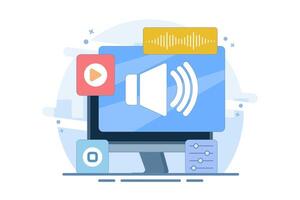 Concept of Listening to Audio and Multimedia Content, Icons depicting speakers to represent the function of listening to audio and screens or movies for multimedia content. types of digital content. vector