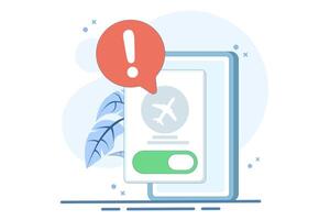 Airplane mode concept, Airplane mode warning on screen, smartphone or tablet, flat cartoon illustration of warning, isolated phone or tablet flight info notification. vector