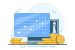 Digital financial growth concept, Online financial system management with chess king piece, tablet, gold coins on isolated background, digital marketing. Flat illustration on background. vector
