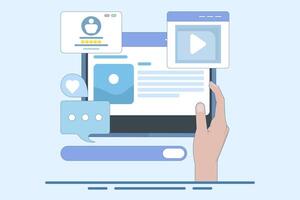 Concept of reading website content based on audience, Content ranking, Content marketing in search engines, Social media content with likes, shares and comments. illustration background. vector