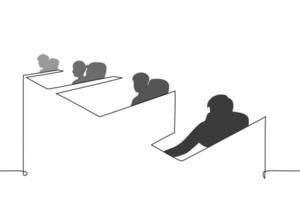 people sitting in a row in a computer club or colleagues working in an open space with partitions - one line art . silhouettes of visitors to a computer club or call center workers vector