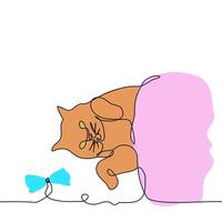 ginger british chubby cat lies under a robe and lazily looks at a toy lying next to it - one line art . lazy round cat vector