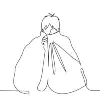 man huddled from the cold or hiding under a blanket pulled up to his ears - one line art . cold, cold, warm up vector