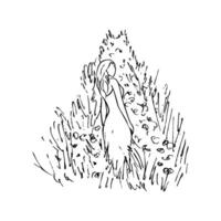 woman standing on a staircase covered with flowers going up, she turned around - hand drawn line art sketch vector
