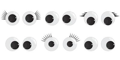 A set of plastic toy eyes. Glossy, bulging, puppet eyes. Cute, round, , isolated elements. Look down, up, left, right. Different, shaking, silly, hilarious pairs of eyeballs. vector