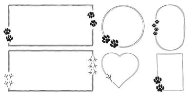 Set of cute hand drawn heart shape, oval, rectangle and round frames with cat, dog and bird paw print. Pet paw quote speech bubble. vector