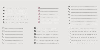 Collection of isolated outline hand drawn check to do list, bullet, check mark and check box in a doodle sketch cartoon style. Set of paper note with task plan. vector