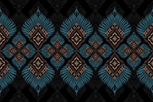 Ethnic ikat peacock feathers Pattern Ikat pattern Ethnic Pattern.Damask indian floral Aztec embroidery border seamless patterns. black background. vector