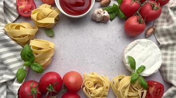 Italian food frame rotating on table with copy space in center video