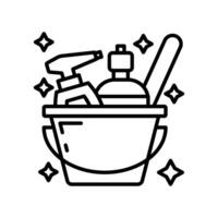 A black and white illustration of a bucket with a bottle of soap and a bottle of shampoo vector