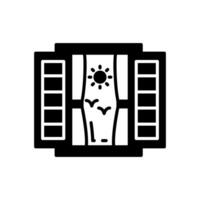 A black and white icon of a window with a sun and birds vector