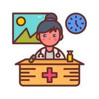 A doctor is sitting at a desk with a clock and a medical kit vector