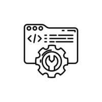 A black and white icon of a computer with a gear vector