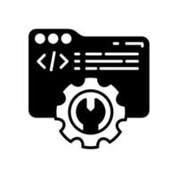 A black and white icon of a computer with a wrench vector