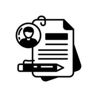 A black and white icon of a document with a pen and a person vector