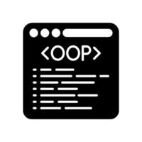 A black and white icon of a computer screen with the word oop vector