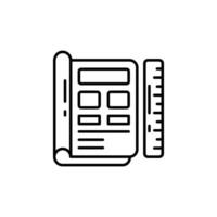 A black and white line icon of a ruler and a paper vector