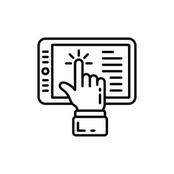 A hand pointing at a tablet computer with a finger on it vector