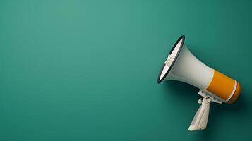 A vibrant megaphone rests against a teal background, symbolizing communication and amplification of messages. photo