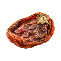 A close-up of a single, sun-dried tomato with a wrinkled surface and a visible stem scar, isolated against a white background. png