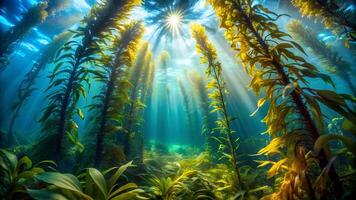 Aerial View of a Dense Underwater Kelp Forest with Sunlight photo