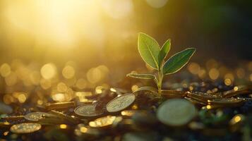 Sprouting plant growing from a pile of golden coins, representing financial growth and investment. photo