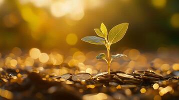 Sprouting plant growing from a pile of golden coins, representing financial growth and investment. photo
