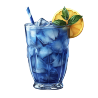 blue cocktail with ice and lemon on transparent background png